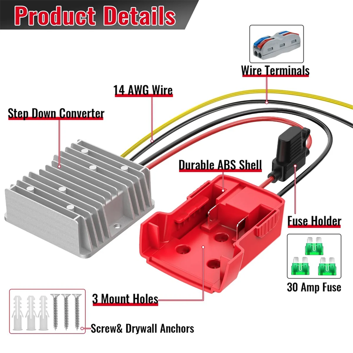 Convertidor reductor de 18V a 12V para adaptador de batería de ruedas eléctricas Milwaukee M18, regulador convertidor reductor DC 12V 20A 240W