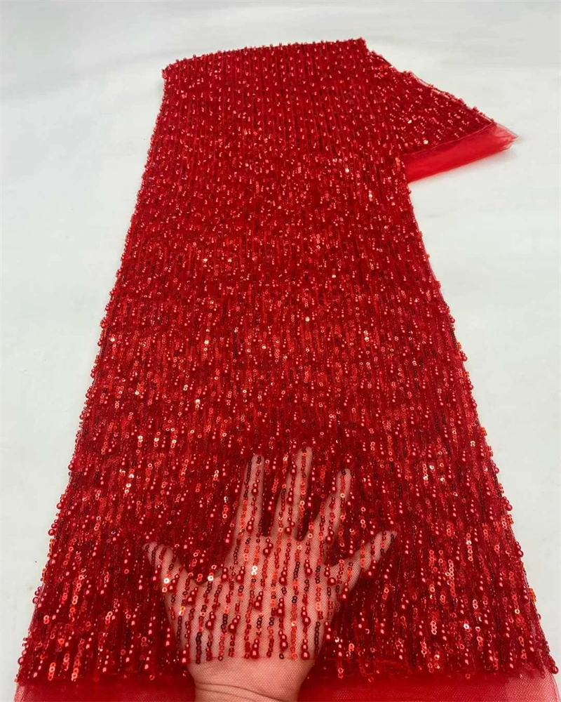 

African Light Luxury Tulle Lace Fabric New High Quality Nigerian Sequins Beads Tulle Lace Fabric For Sew Wedding