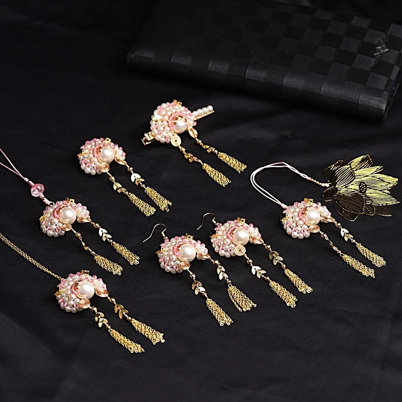 Chinese Style Women Vintage Handmade Wrapped Freshwater Pearls Tassel Beijing Opera Dangle Earrings Set Accessory
