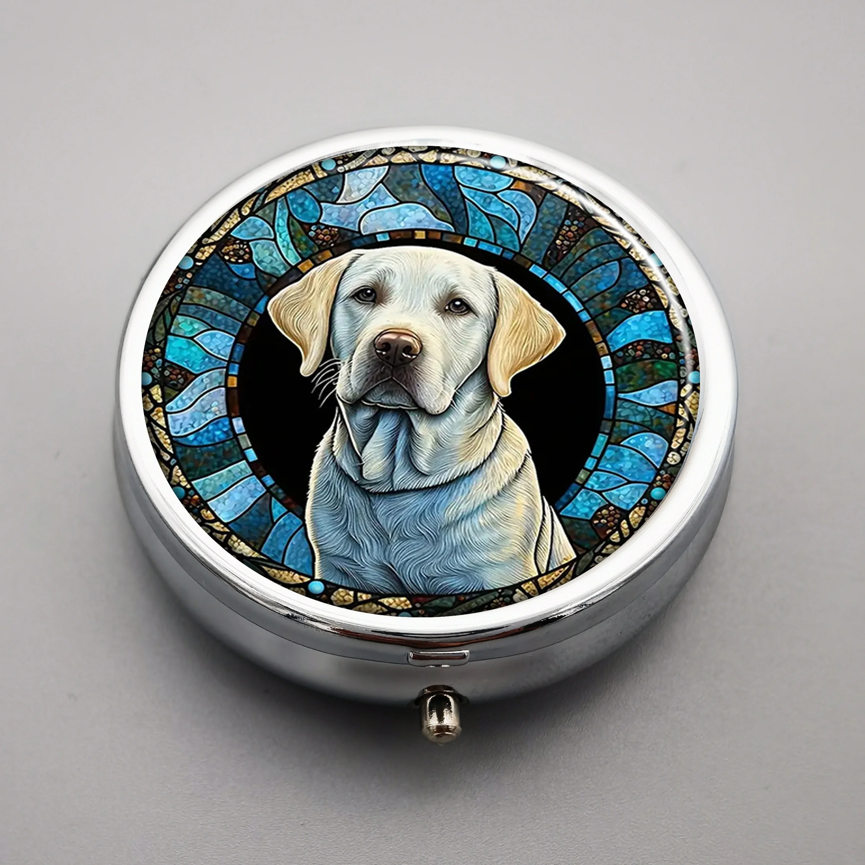 A Labrador Retriever designed 3-pack portable medicine box,round metal medicine vitamin organizer,decorative pocket/purse