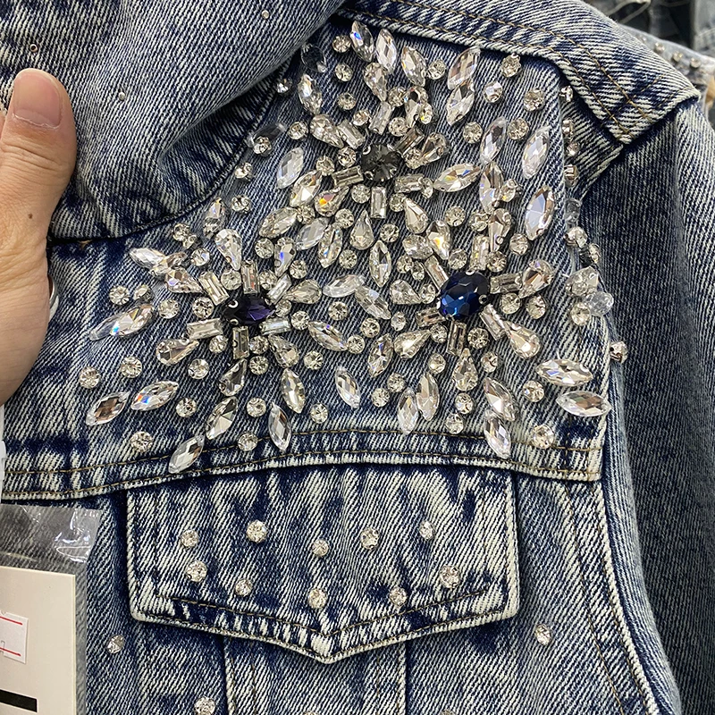 Spring New Fashion Beaded Diamond Blue Denim Jacket Lapel Single-Breasted Long Sleeve Loose Casual Female Short Cowboy Outerwear