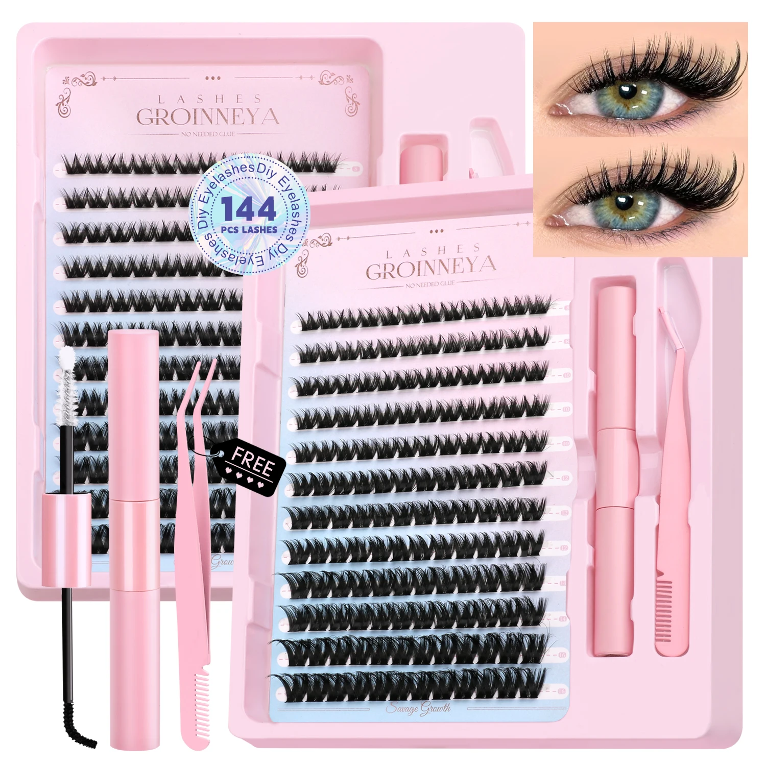 DIY Wimpernverlängerungs-Set: Einzelne Wimpern-Cluster für flauschiges Volumen mit Kleber und Fixierer – Wispy Natural Mange Lashes
