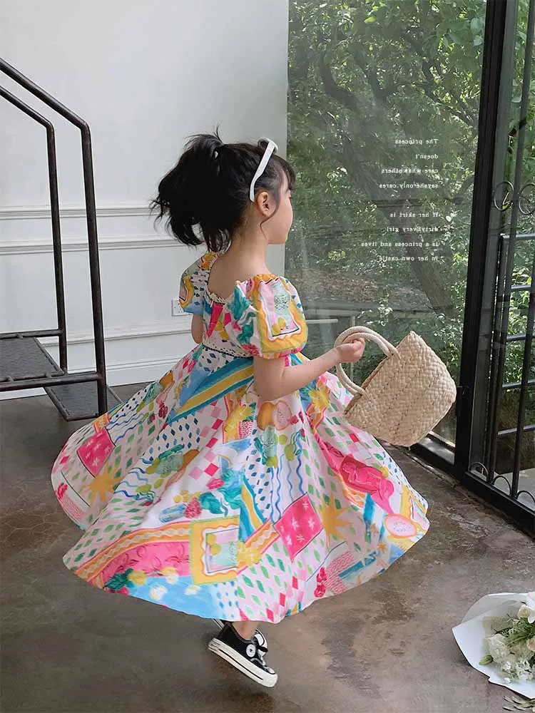 Girls Casual Dresses Graphic Printing Lace Dress Flower Girl Dresses for Weddings 3 To 7 Years Kids Clothes for Girls