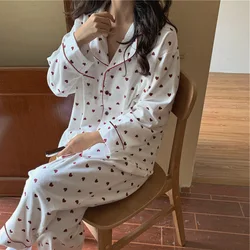 Women Pajamas Sets Spring Summer Autumn 2 Piece Heart Print Pyjama Pants Sleepwear Long Sleeve Buttons Pijama Mujer Pjs Homewear