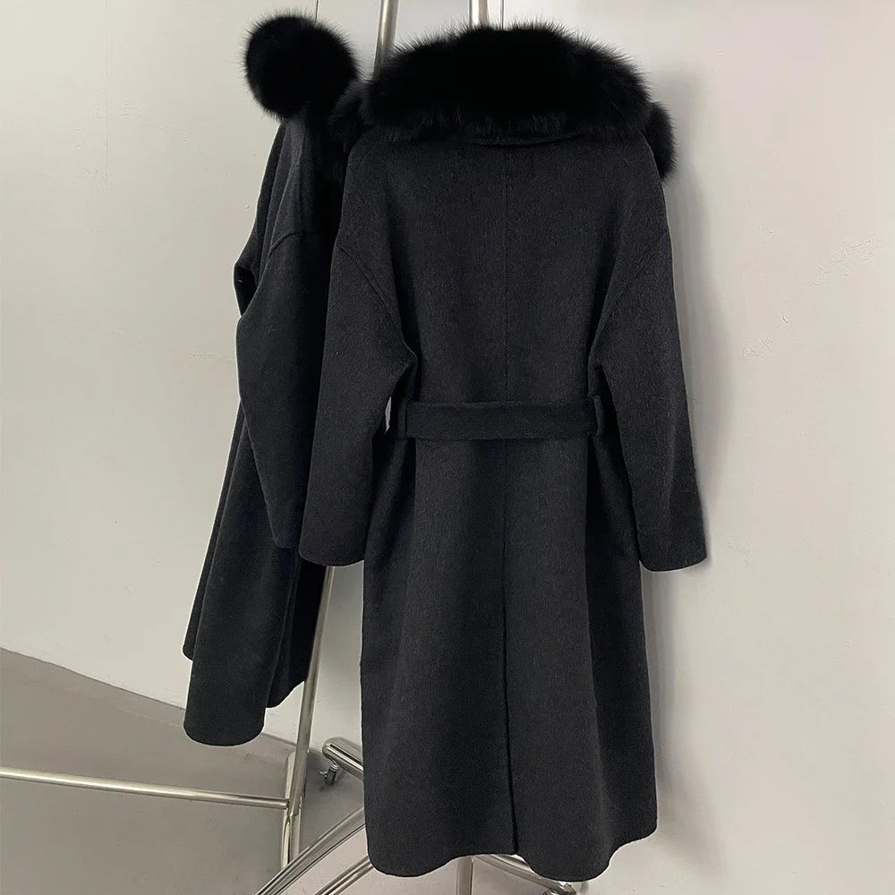 OFTBUY Neue Luxus-Winterkleidung Damen Mittellanger 100% Wollmantel Echter Fuchspelzkragen Gürtel-Wickeljacke aus Wolle für Damen – Detail 12
