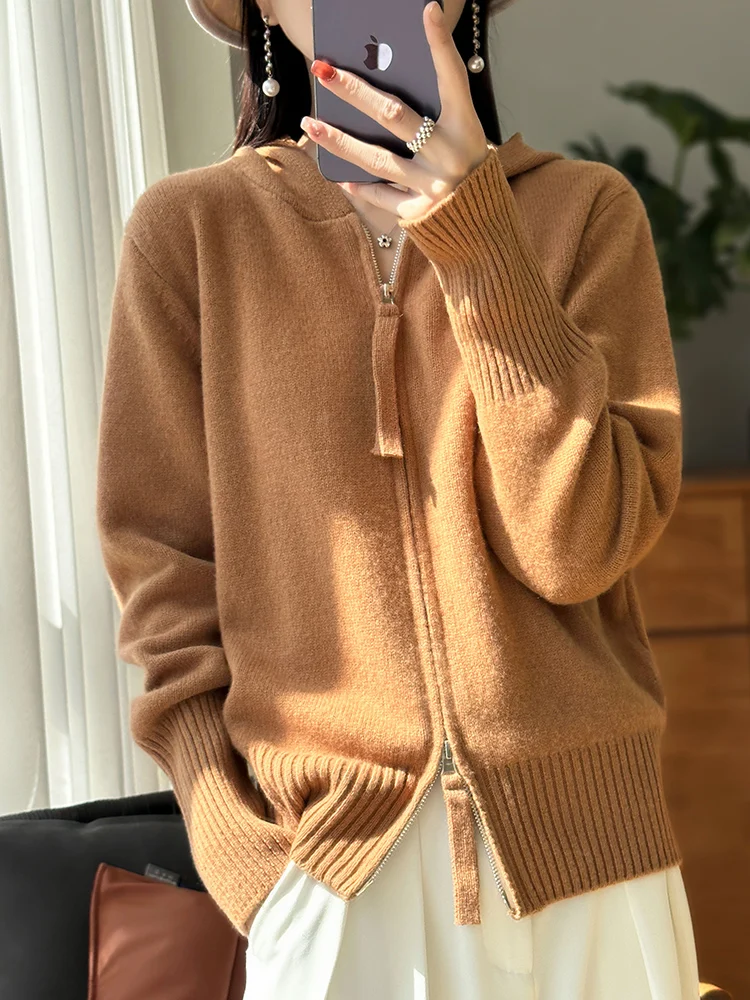 ADDONEE Women Zipper Hooded Cardigan Casual Cashmere Sweater Autumn Winter 100% Merino Wool Knitwear Korean Popular Clothing Top