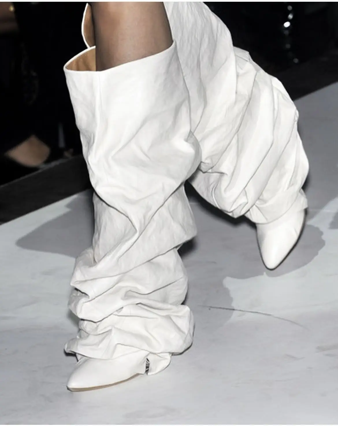 

Women's White Leather Knee High Boots Ruched Design Pointed Toe Low Heel Fashion Runway Party Evening Shoes Stylish Footwear