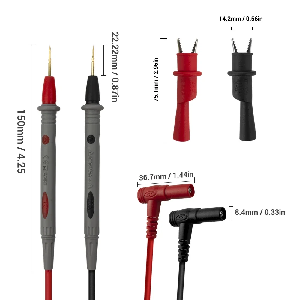 Multímetro Digital com Agulhas Substituíveis, Test Leads Kit, Cabo Feeler, Sonda para Fluxo, Pontas de Fio Francês, 20A