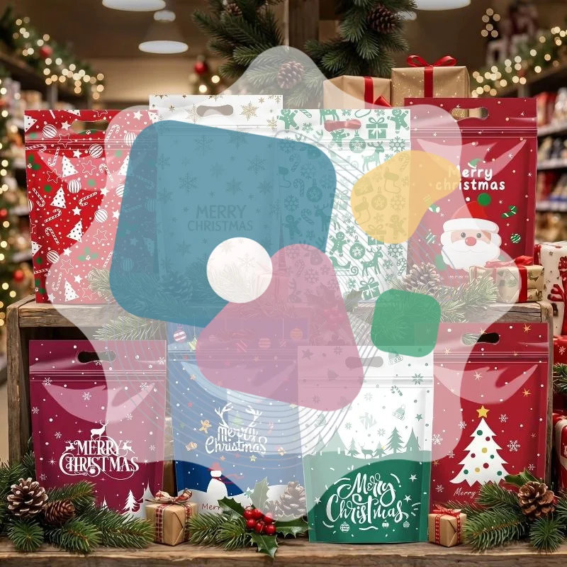 50Pcs Resealable Christmas Zip Lock Bags 50PCS Clear Christmas Plastic Sealing Bags With Handles For Xmas Holiday Party Candy