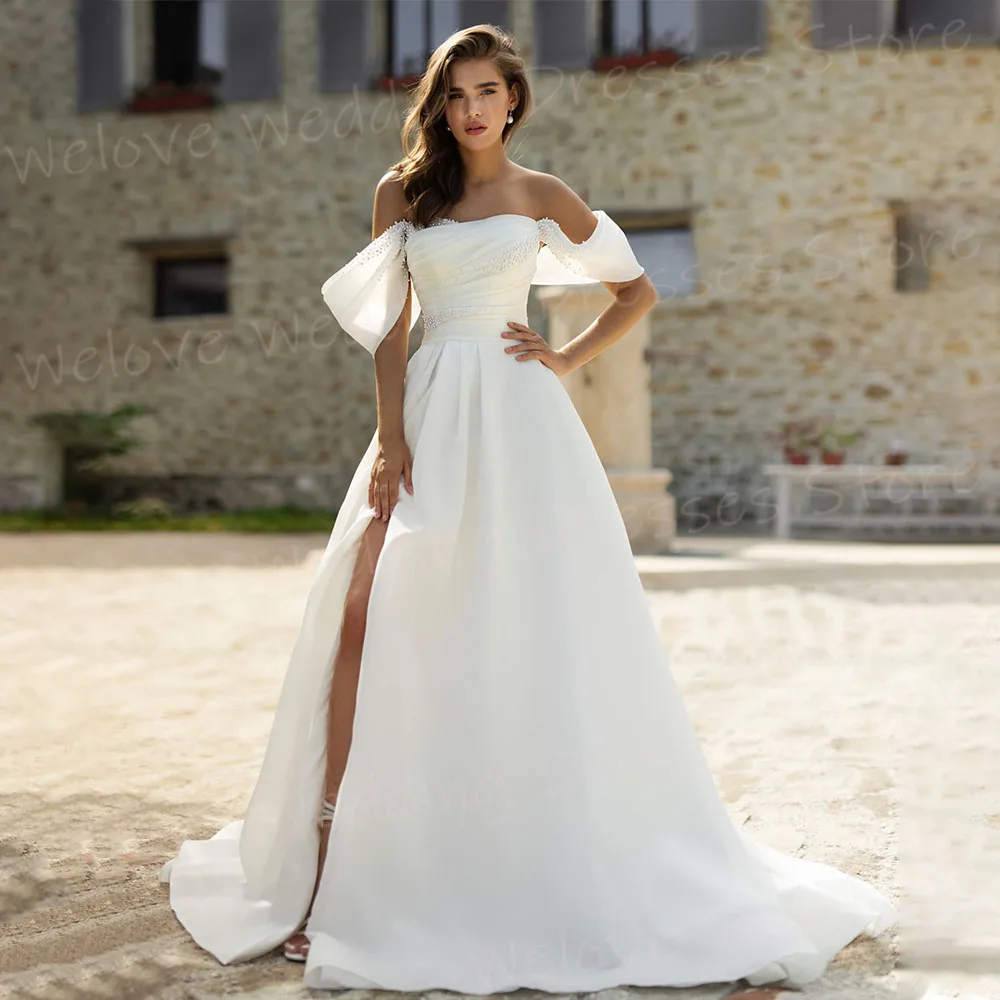 Abiti da sposa semplici da donna con linea A e spalle scoperte Abiti da sposa personalizzati in pizzo senza maniche con spacco laterale Abiti da sposa Boda