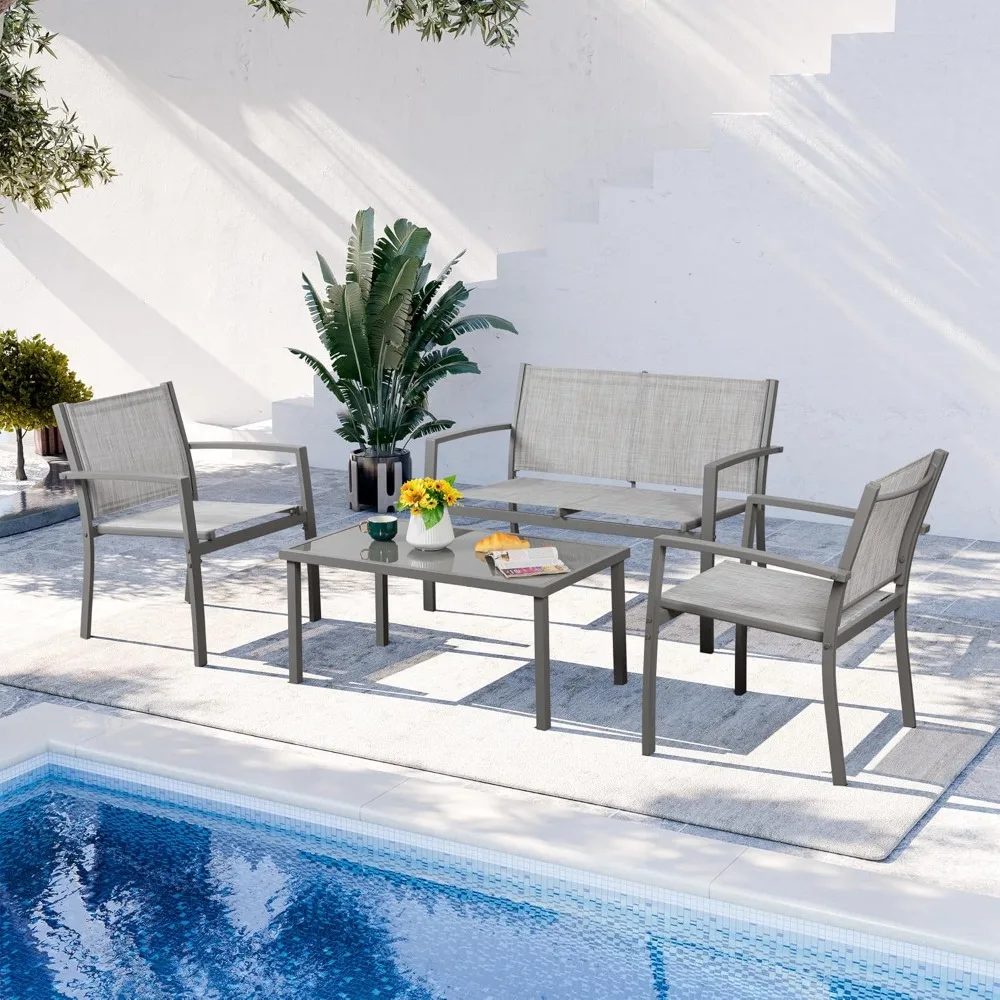 

4 Pieces Patio Furniture Set All Weather Textile Fabric Outdoor Conversation Set, with Glass Coffee Table, Loveseat, 2 Single C