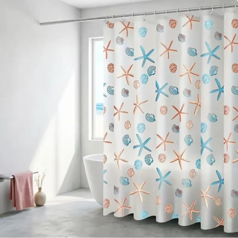 

Starfish Seashell Plastic Shower Curtain Liner - Waterproof Bathroom Curtain for Bathtubs, Mildew Resistant Bath Curtain