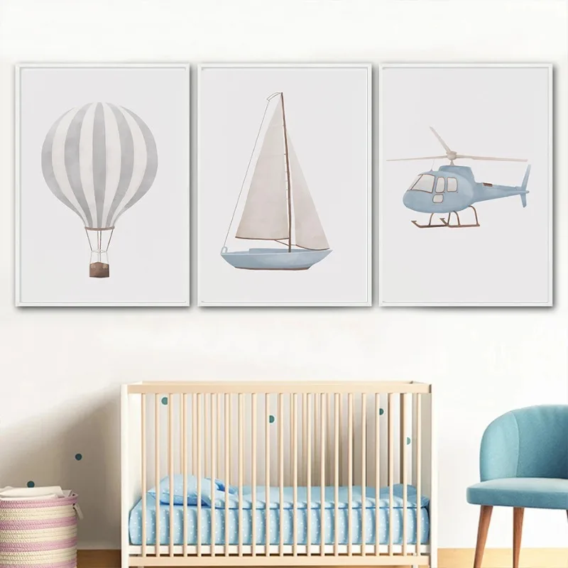 Colorful Vintage Cars Truck Bus Plane Helicopter Illustration Art Print Wall Stickers Paintings Kids Room Home Decoration