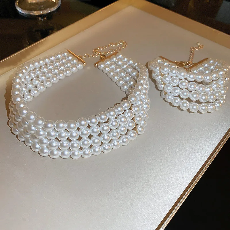 Vintage Palace Multilayer Pearl Choker Necklace Bracelet Sets for Women Elegant Wedding Bride Imitation Pearl Jewelry Set