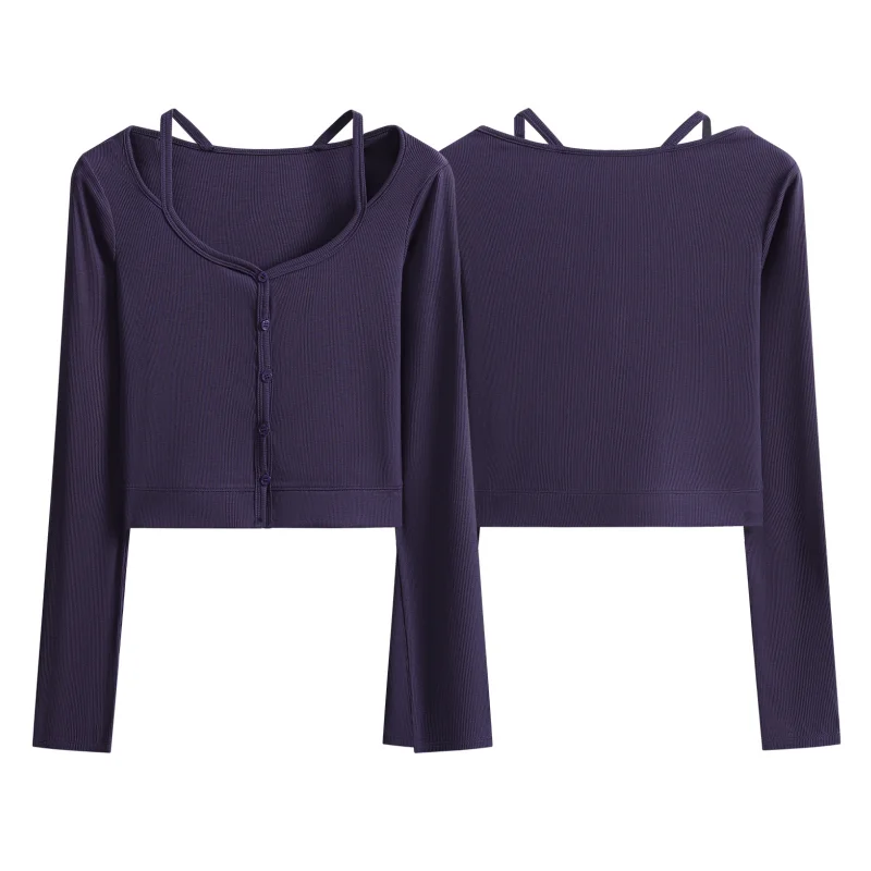 DRUR Women Yoga Crop Top and Workout Ballet Shirt With Button Strap Long Sleeve Sexy U Neck Yoga Blouse For Pilates Dance Gym