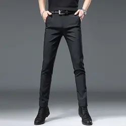 High End Casual Summer New Breathable Thin Suit Pants Men Solid Button Zipper Pocket Elastic Simple Versatile Straight Trousers