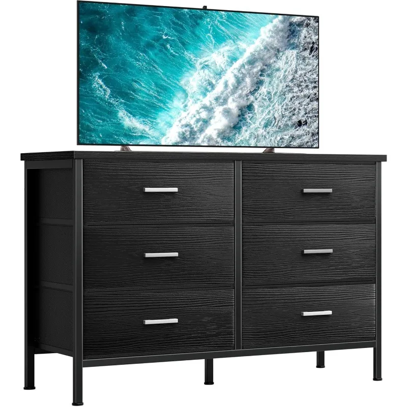 

Black Dresser for Bedroom 6 Drawer, Wide Dresser TV Stand for 50" TV Dressers & Chests of Drawers Fabric Dresser
