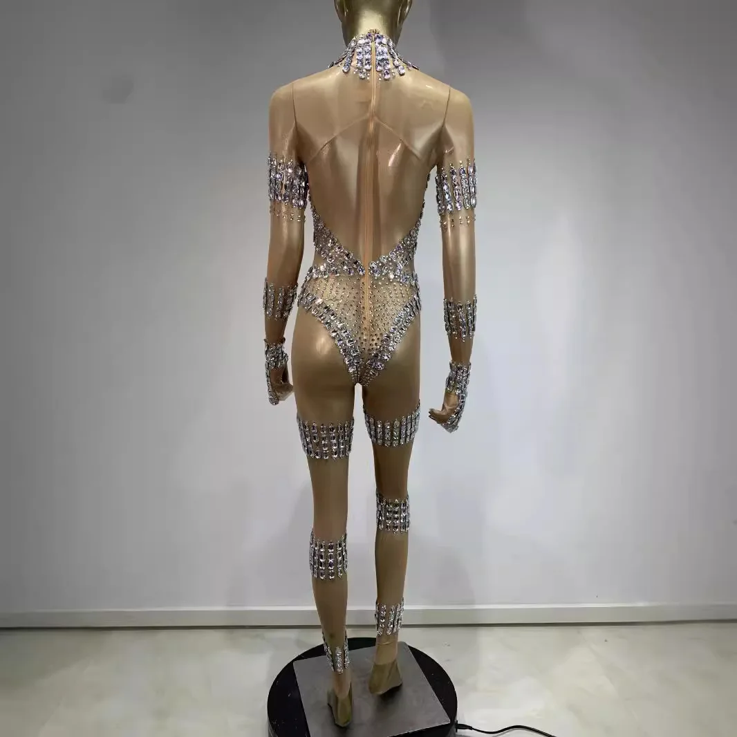 STOCK Sexy Mesh Rhinestone Jumpsuit Female Singer Performance Outfit Bar Nightclub Gig Costume See-Through Luxury Evening Gowns