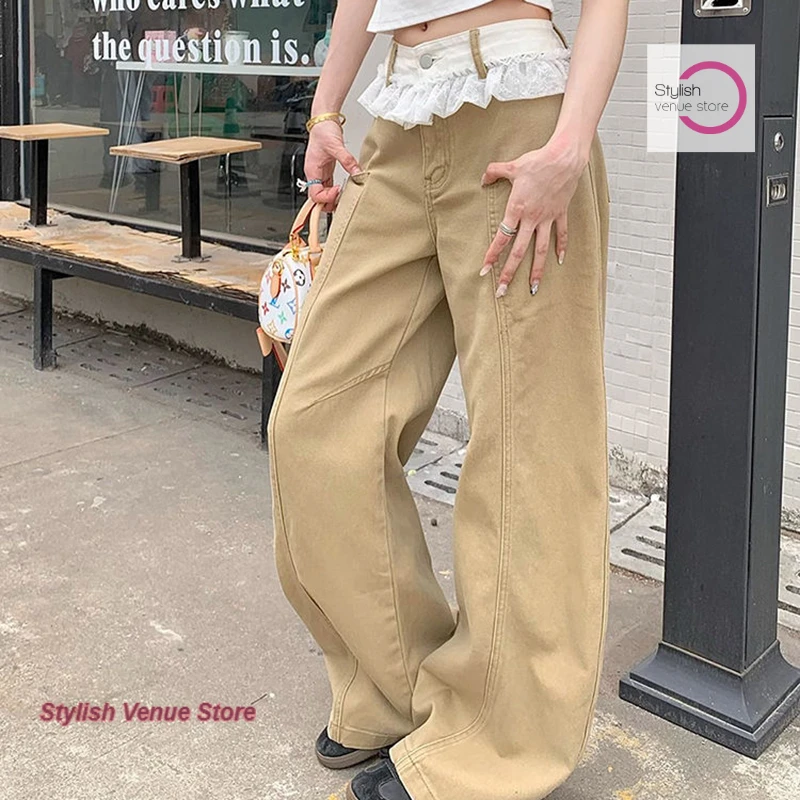 Summer new khaki lace stitching jeans female French fashion temperament high waist slim high waist design wide-leg pants.