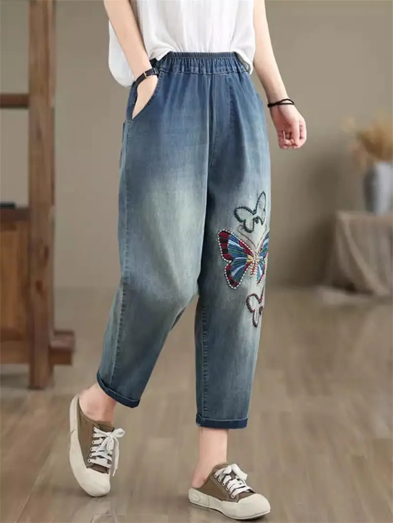 2024 Summer New Korean Edition Large Size Denim Harem Pants Embroidered Retro Women's Jeans K1439