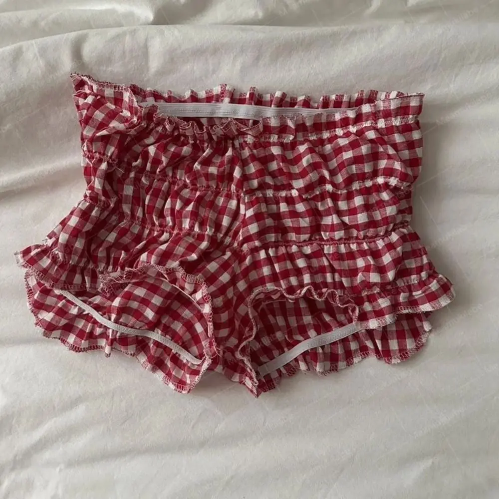 Kawaii Pumpkin Style Red and White Plaid Shorts Red and White Plaid Vintage Plaid Shorts Y2k Elastic Lolita Pettipants Lolita