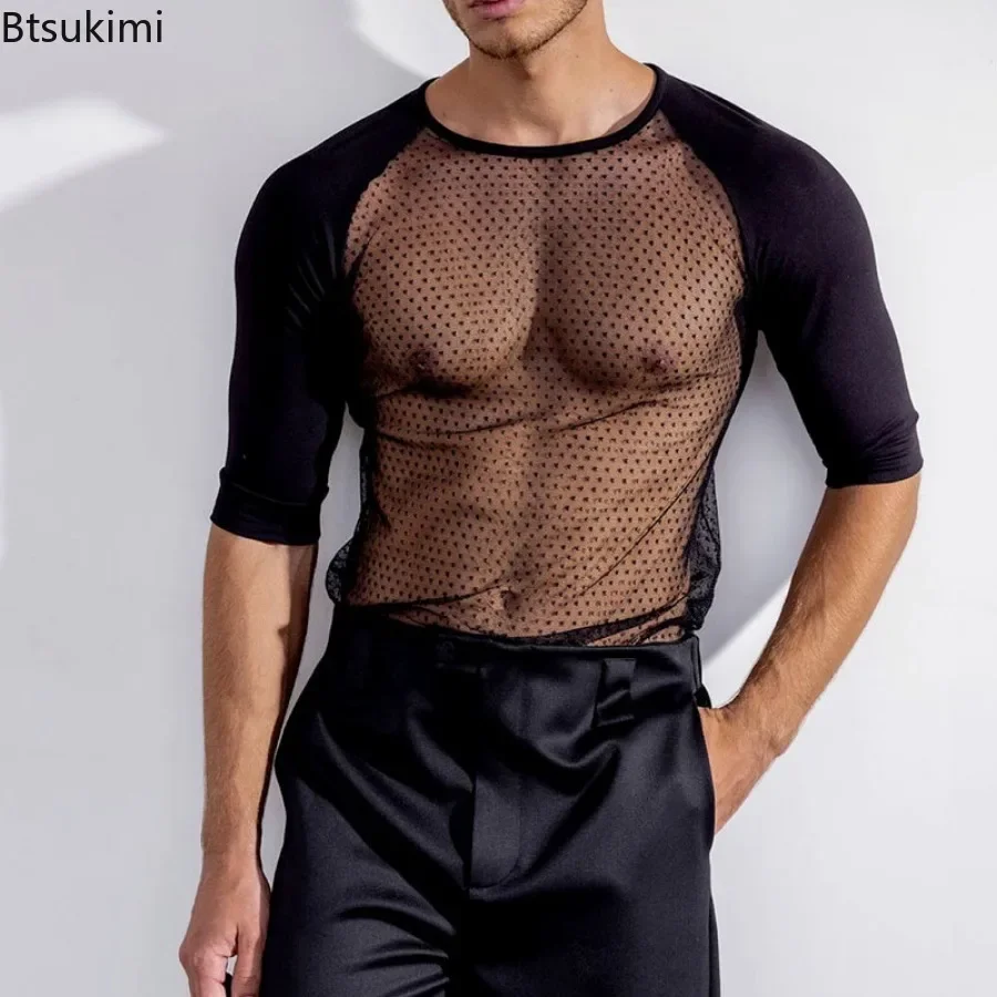 2024 Trend Party Nightclubs Style Tops Men\'s See-through Short Sleeve Patchwork T-shirts Sexy Mesh Thin Transparent Tees for Men