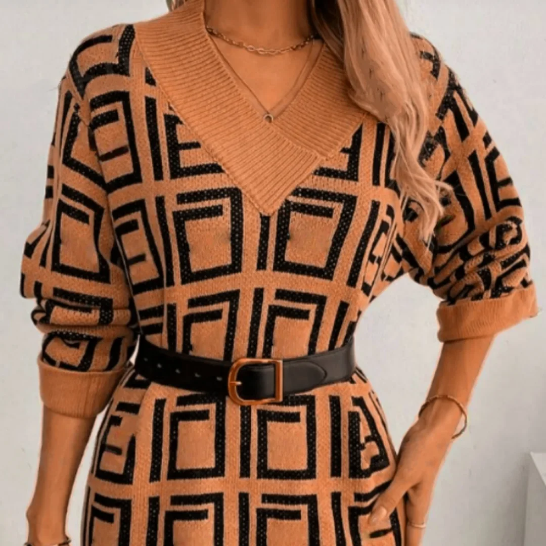 الخريف/الشتاء الخامس الرقبة بسيطة هندسية منقوشة نمط فستان سترة قصيرة غير رسمية مع زر أسفل الأكمام متوهج الملابس النسائية