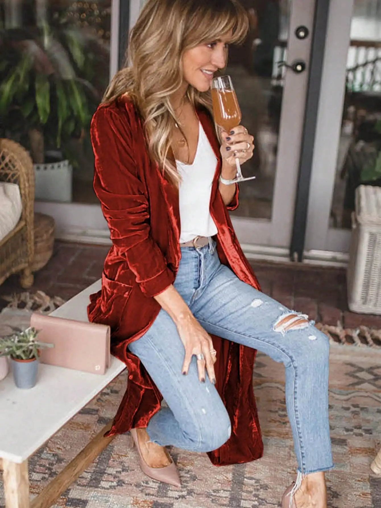 معطف كارديجان طويل مخملي أحمر للنساء، رقبة على شكل حرف V مفتوح من الأمام، كاجوال أنيق لخريف وشتاء