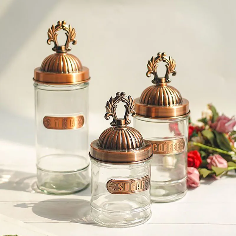 European Style Glass Sealed Jar Castle Metal Lid Clear Glass Candy Coffee Candy Tea Caddy Vintage Storage Bottle Home Decoration