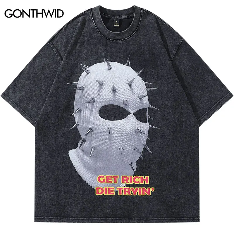 

Vintage Oversize Tshirt Streetwear Hip Hop Balaclava Graphic Print Washed T-Shirt Harajuku Punk Gothic Loose Top Fashion Clothes