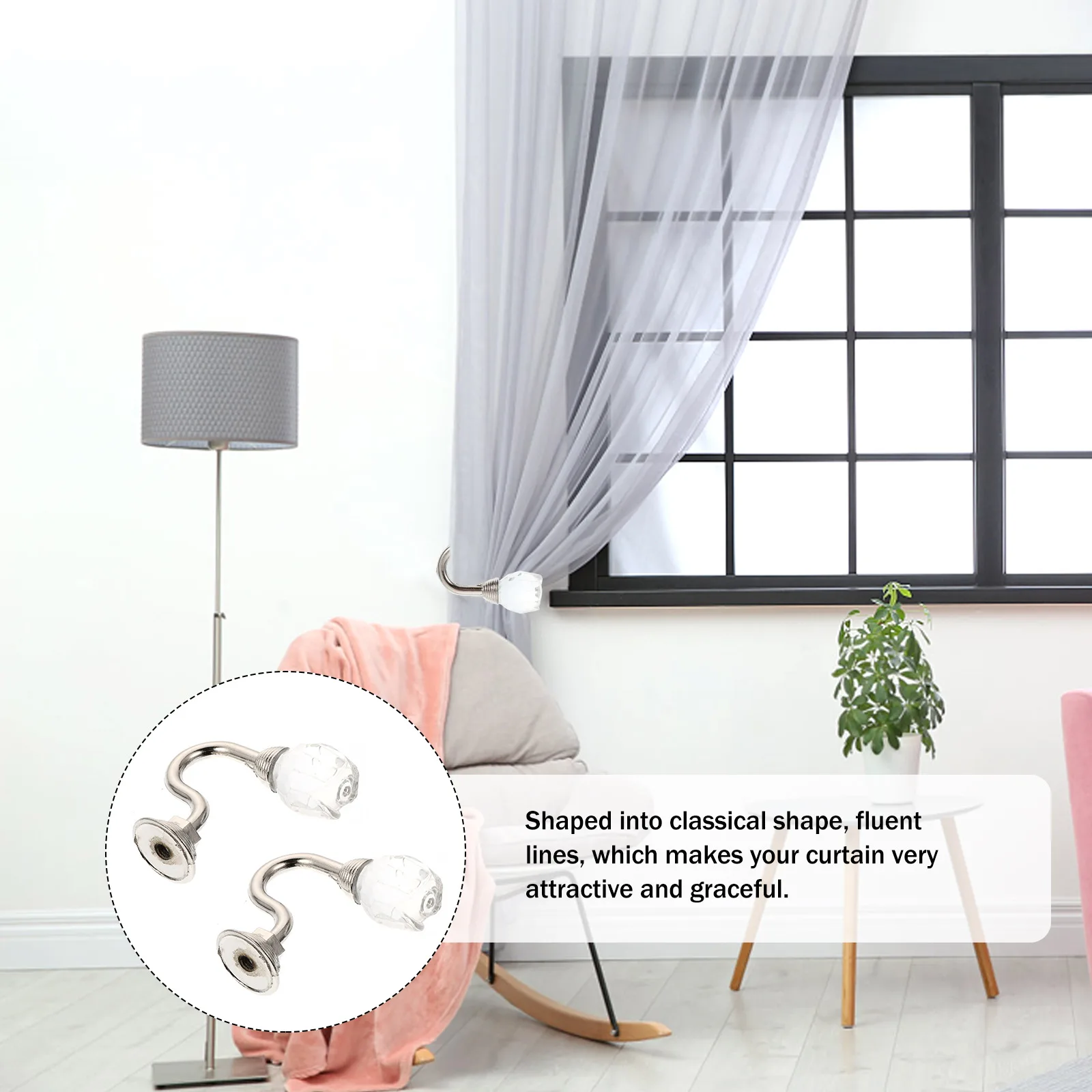 

2pcs Crystal Hooks Retro Curtain Pothooks Alloy Silver Tieback Elegant Durability Decor Accessories