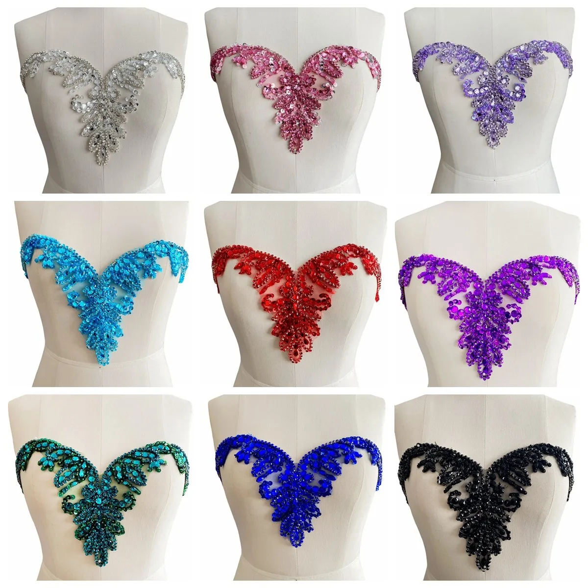 

Hand-Sewn Rhinestone Sequin Appliqued Patches Sweetheart Collar Embellishment DIY Bridal Dress Wedding Gown Decoration and Trims