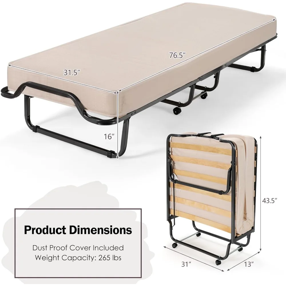 سرير قابل للطي مع مرتبة إسفنجية الذاكرة، سرير ضيوف صغير الحجم بإطار معدني قوي، 4 عجلات، أغطية، سرير قابل للطي، Por #3