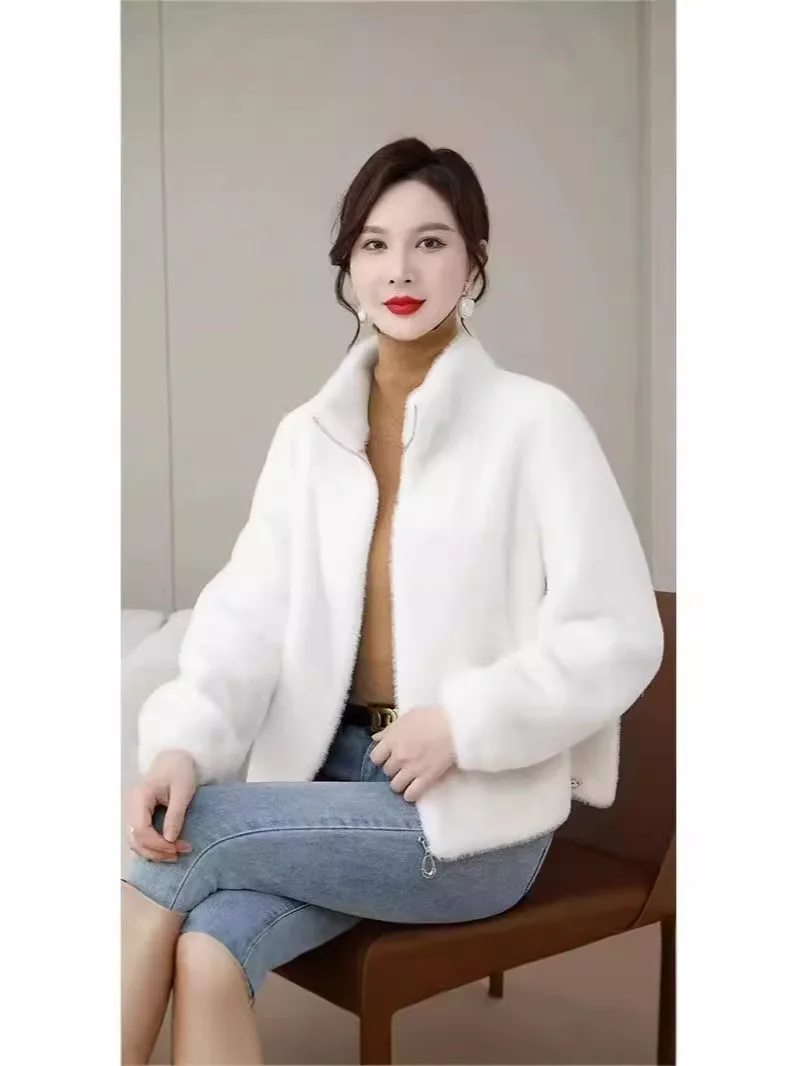 Damesjas van imitatiebont Dames Ochtendgestreept Ceremonievriendelijk Warm Veelzijdig Gewatteerd Lange mouwen Winddicht Gebreid Glanzend