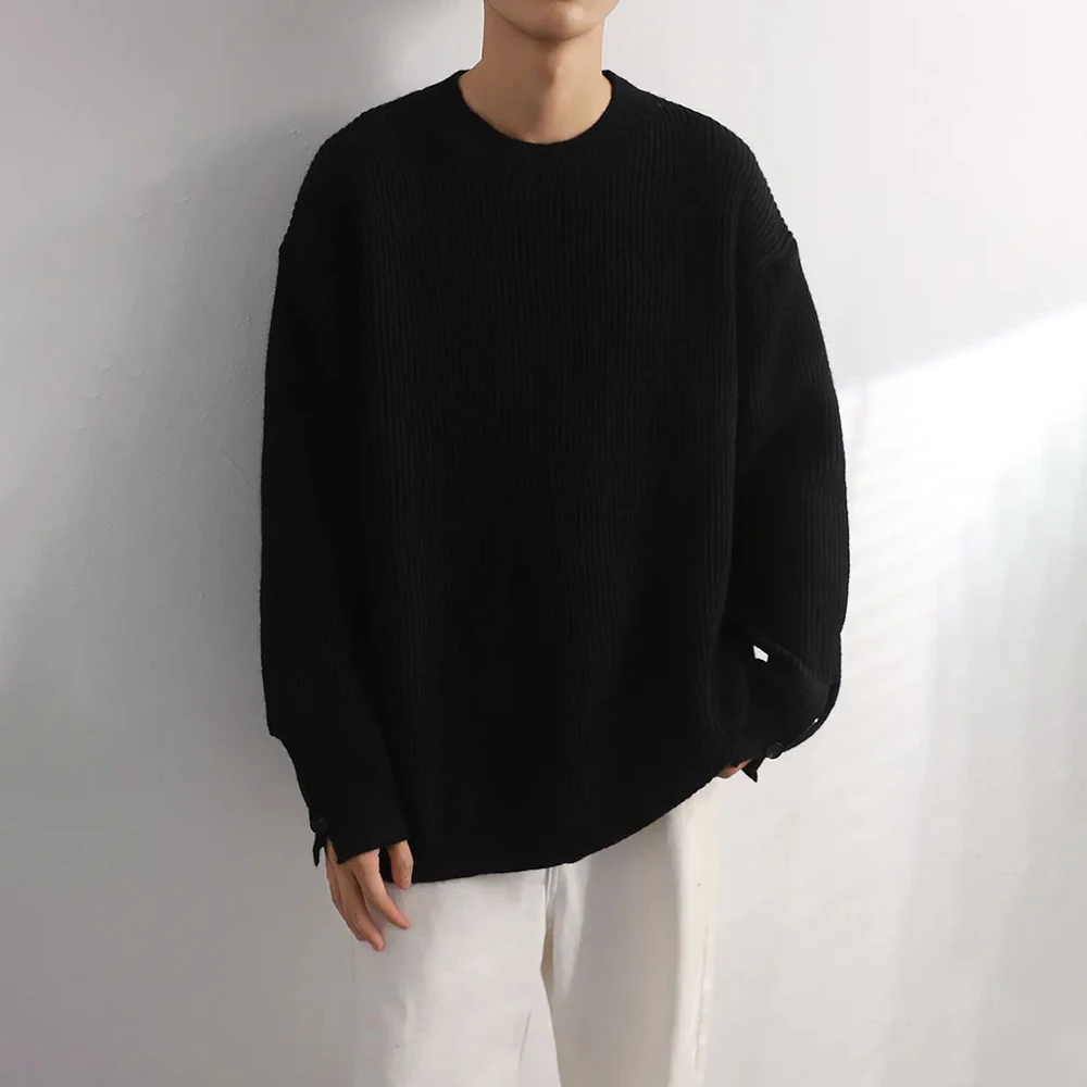 Mens Casual Simple Solid Color Sweater Genderless British Style Autumn Winter Round Neck Warm Fashion Versatile Sweater Unisex