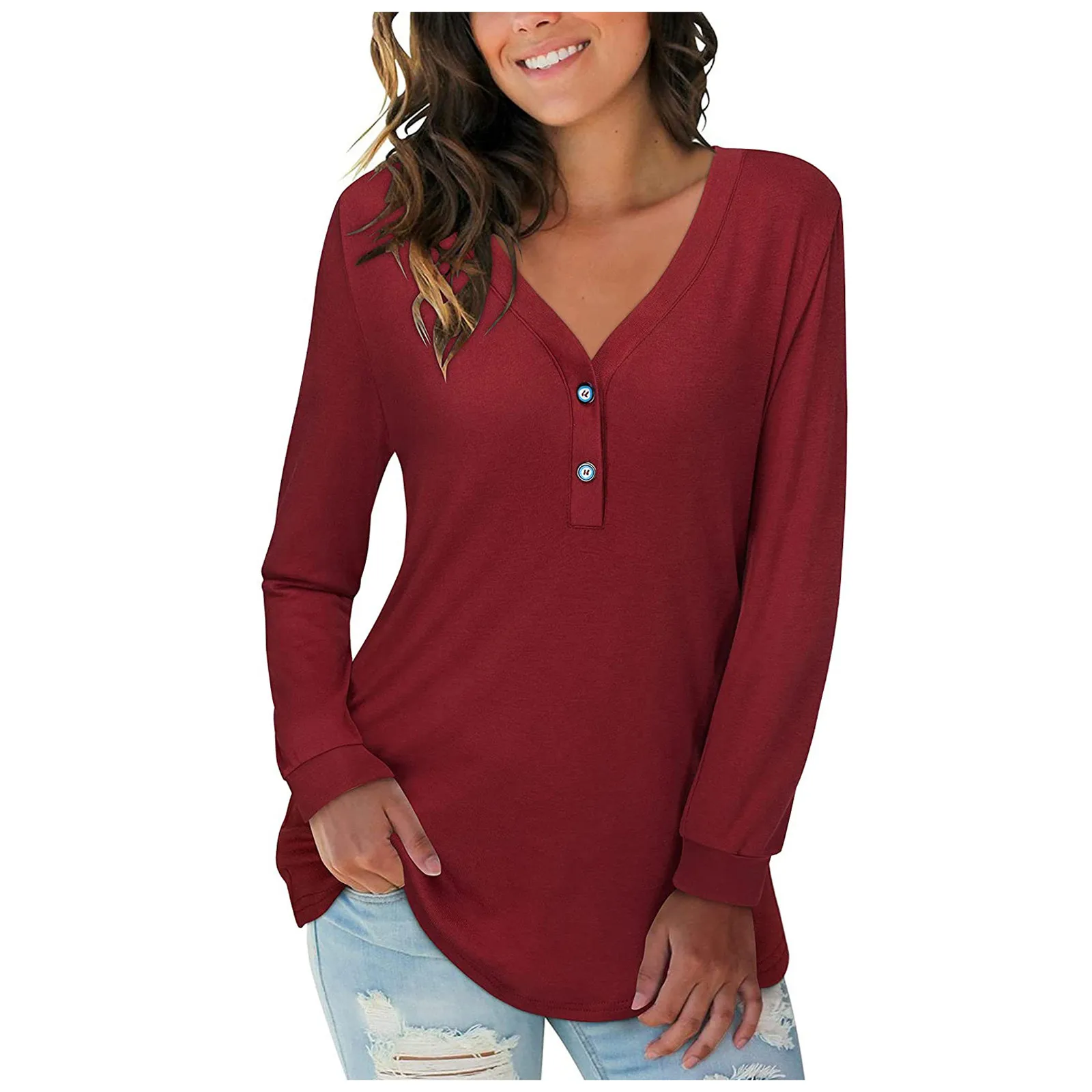 Womens Loose Blouse Tops Solid Color V-Neck Buttons Long Sleeve Shirts Cotton Business Casual Loose Work Tunic Pullover Blusas