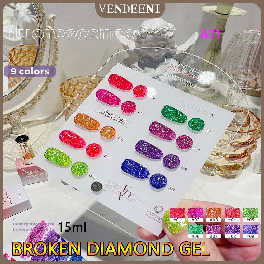 Vendeeni 9 Colors Fluorescence Glitter Broken Diamond Gel Nail Polish Soak Off UV Led Rainbow Nail Art Design Varnish 15ml