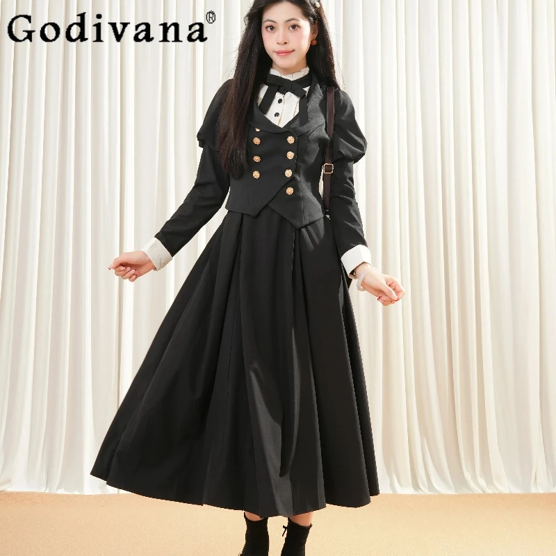 

French Double Breasted Vest Black Bowknot Dress Set Girls Ruffled Collar Lolita Long Dress Women Japanese Style Lolita Dress