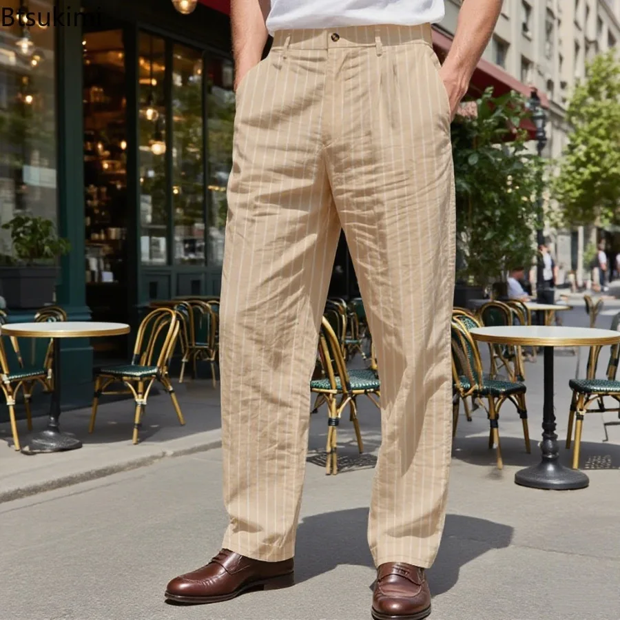 2025 Men's Fashion Striped Hot Pants Simple Loose Classic Linen Ankle Pants Spring and Autumn Casual Beach Sports Pants for Men