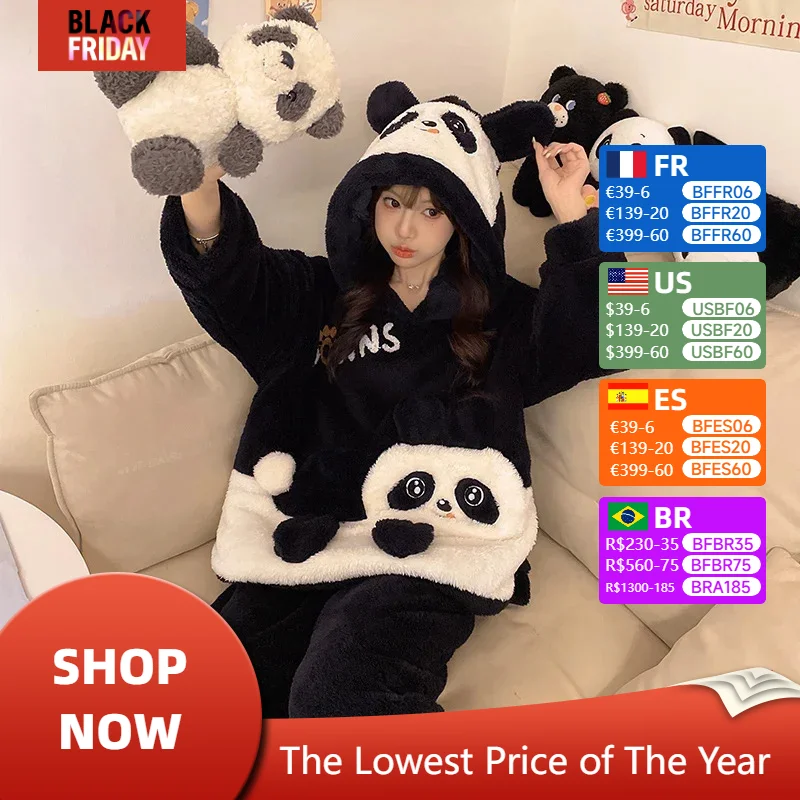 Winter Women Pajamas Set Thick Sleepwear Clothes Coral Fleece Warm Pijama Cartoon Panda Femme Leisure Wear Pijama Homewear