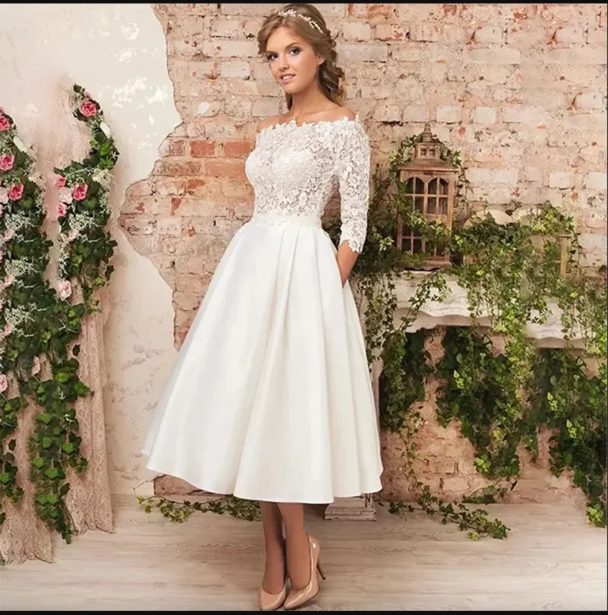 

2025 Vintage Short Wedding Dress For Women Long Sleeve Scoop Collar Tea Length Lace Satin A-Line Bride Party Gowns Vestidos De N