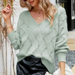 Autumn Winter Hollow Out Knitwear Sweater Casual Cut Out V Neck Pullover Long Sleeve Knit Top Stylish Solid Women's Sweaters