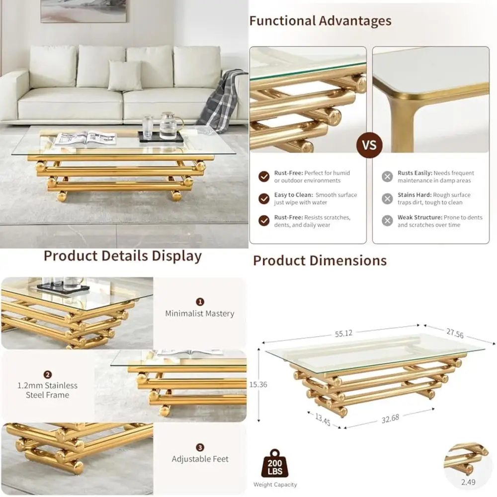 

Rectangular Modern Gold Coffee Table with Tempered Glass Top and Stainless Steel Legs for Living Room