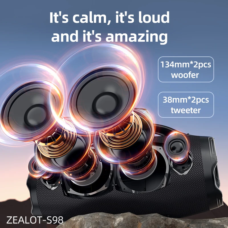 ZEALOT S98 160W Big Power Wireless TWS Subwoofer Bluetooth Speaker High Volume Waterproof Portable Mobile Power HIFI Sound Quali