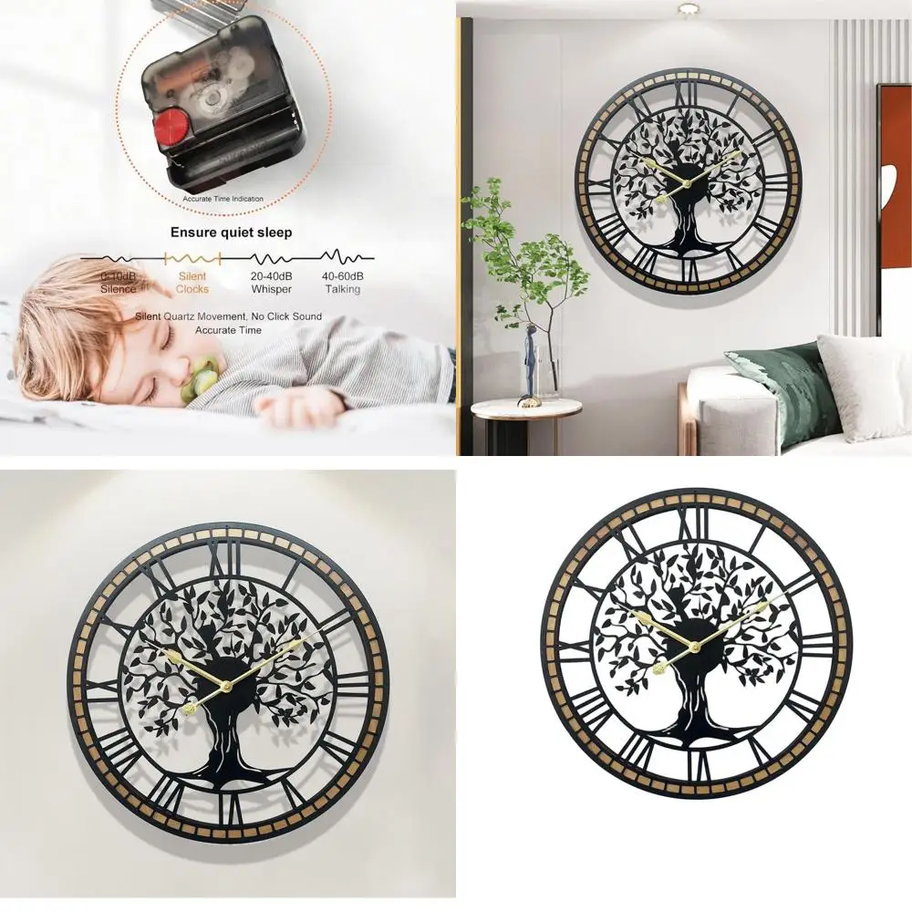 

24 Tree of Life Metal Wall Clock - Silent, Battery-Powered Oversized Timepiece for Home Decor
