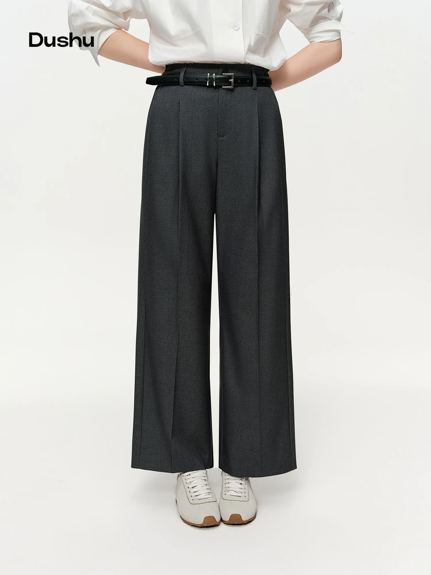 DUSHU 2026 Spring Women's Relaxed Wide Leg Pants, High Waist Casual Lounge Palazzo Trousers, Grey Flowy Straight Leg Joggers