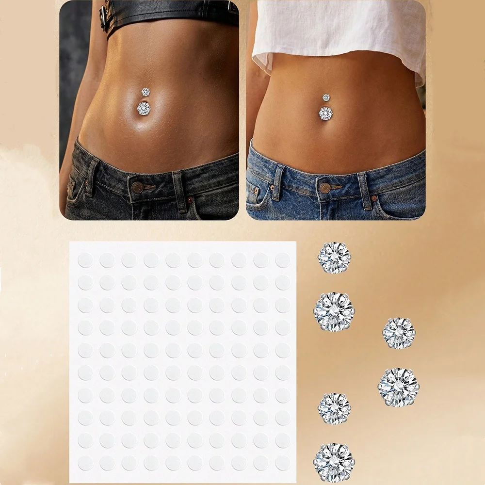 Anillos de ombligo falsos con circonita cúbica, anillos de ombligo adhesivos, joyería de piercing falsa sin perforación.