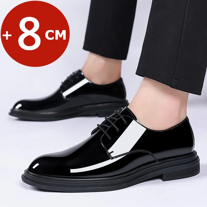 

FUQIAO New Men 6/8cm Derby Shoes Patent Leather Height Increase Men Dress Shoes Formal Elevator Business Lift Shoes Bright Upper