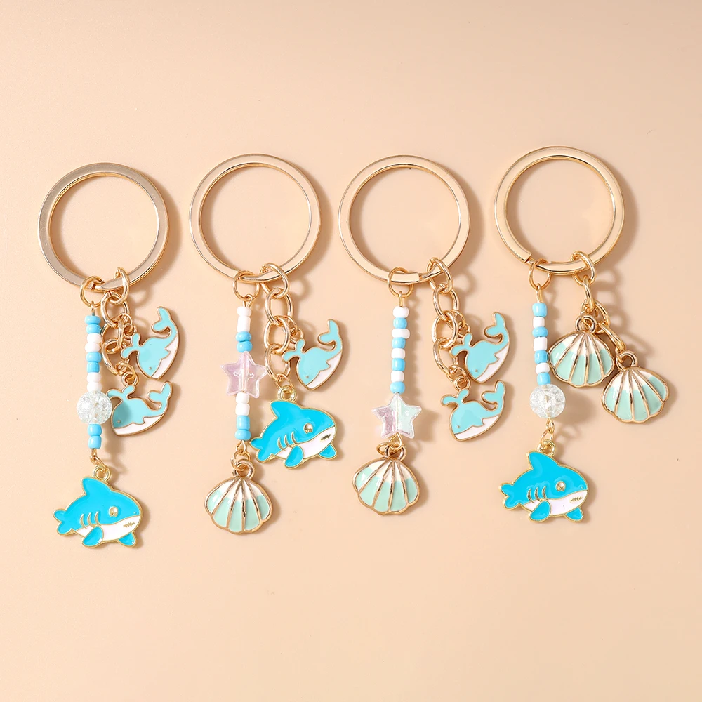 Cute Enamel Whale Shark Fish Keychain Shell Key Ring Pendants for Women Girls Handbag Decor DIY Jewelry Gifts