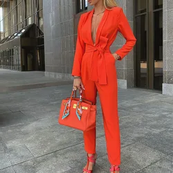 BAMBOOBOY Sexy Deep V-Neck Jumpsuit Women Long Sleeve High Waist Straight Leg Pants Female Autumn Lady Jumpsuits with Sashes